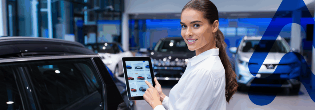 mulher usando sistema de gestão para loja de carro